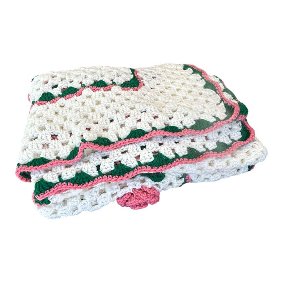 Vintage Handmade Crochet Open Weave Blanket 3D Flower Rose Cottagecore Fairycore - Picture 7 of 8